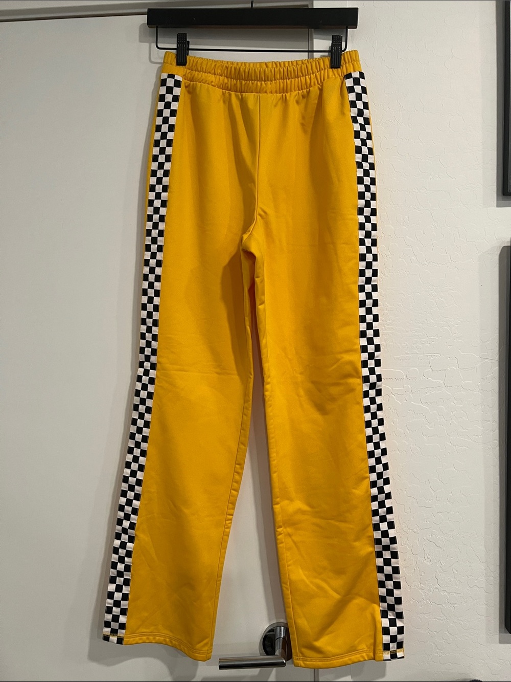 Forever 21 Yellow Track Pants with Black-and-White Checker Side Stripes